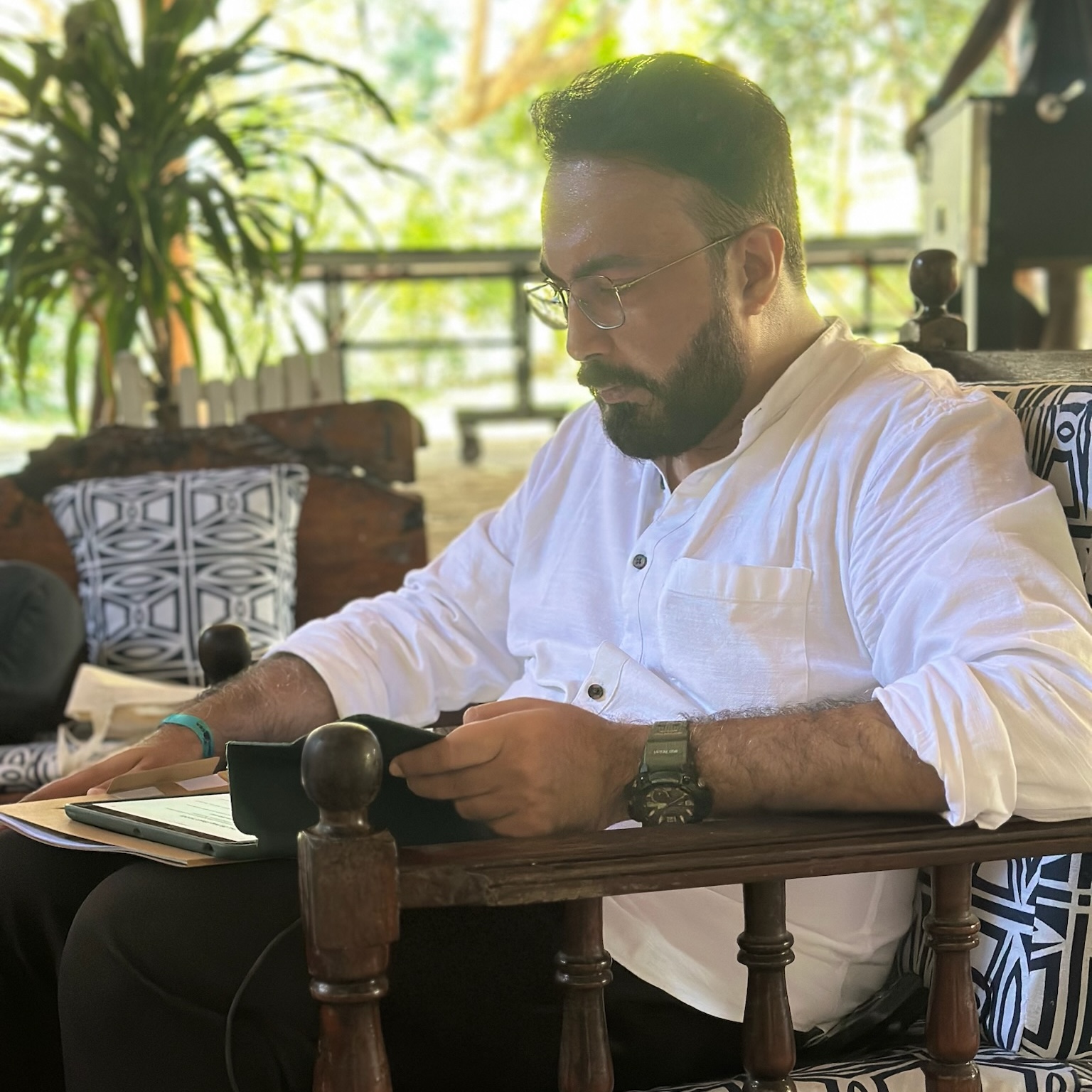 Senior executive leader in a reflective moment, calm and composed